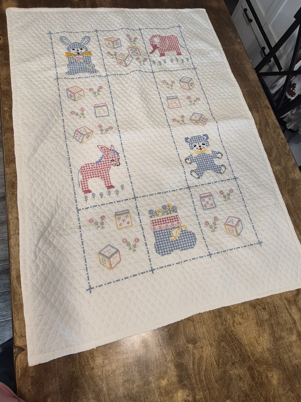 Vintage Handmade Crosstitch Baby Quilt- White with Blue and Pink Animal Motifs